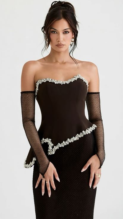Kahverengi Eldiven Detaylı Peplum Abiye Elbise